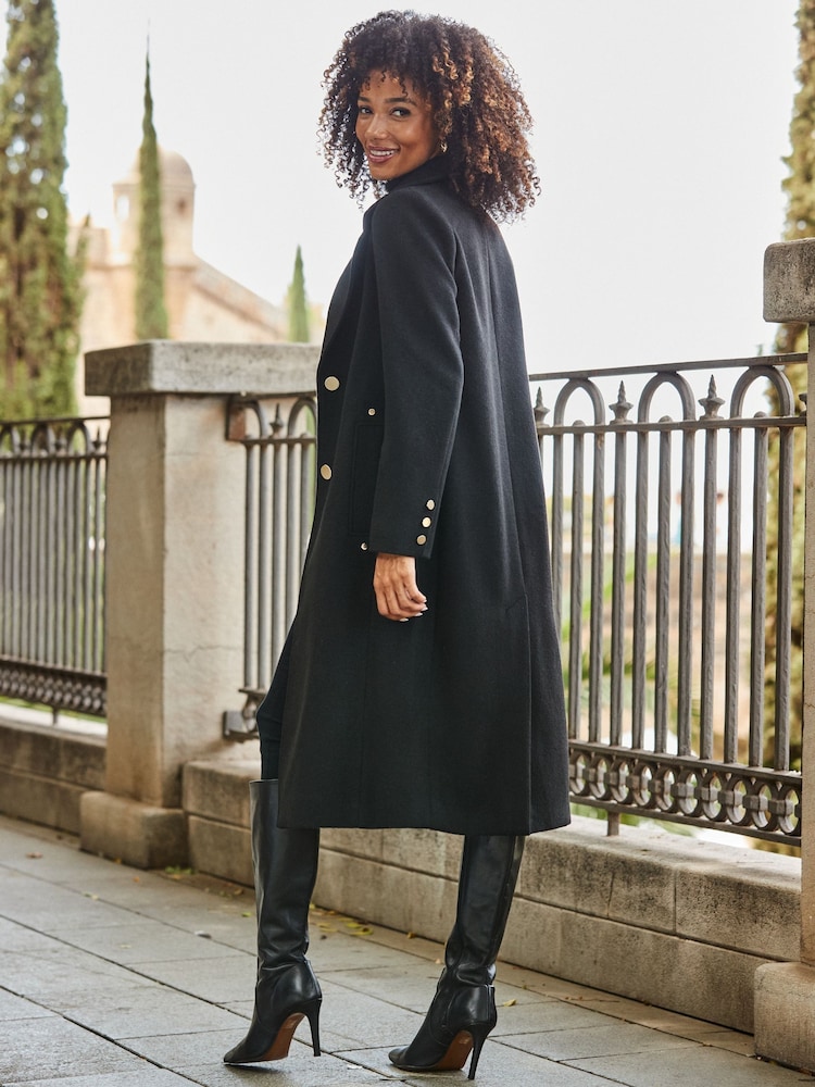 Sosandar Black Premium Longline Wool Mix Coat With Leopard Print Lining - Image 2 of 5 Sosandar Black Premium Longline Wool Mix Coat With Leopard Print Lining - Image 2 of 5