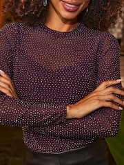 Sosandar Purple Sparkle Mesh Top - Image 2 of 5