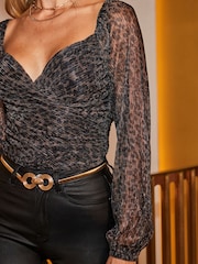 Sosandar Brown Leopard Print Sweetheart Neckline Top - Image 3 of 5