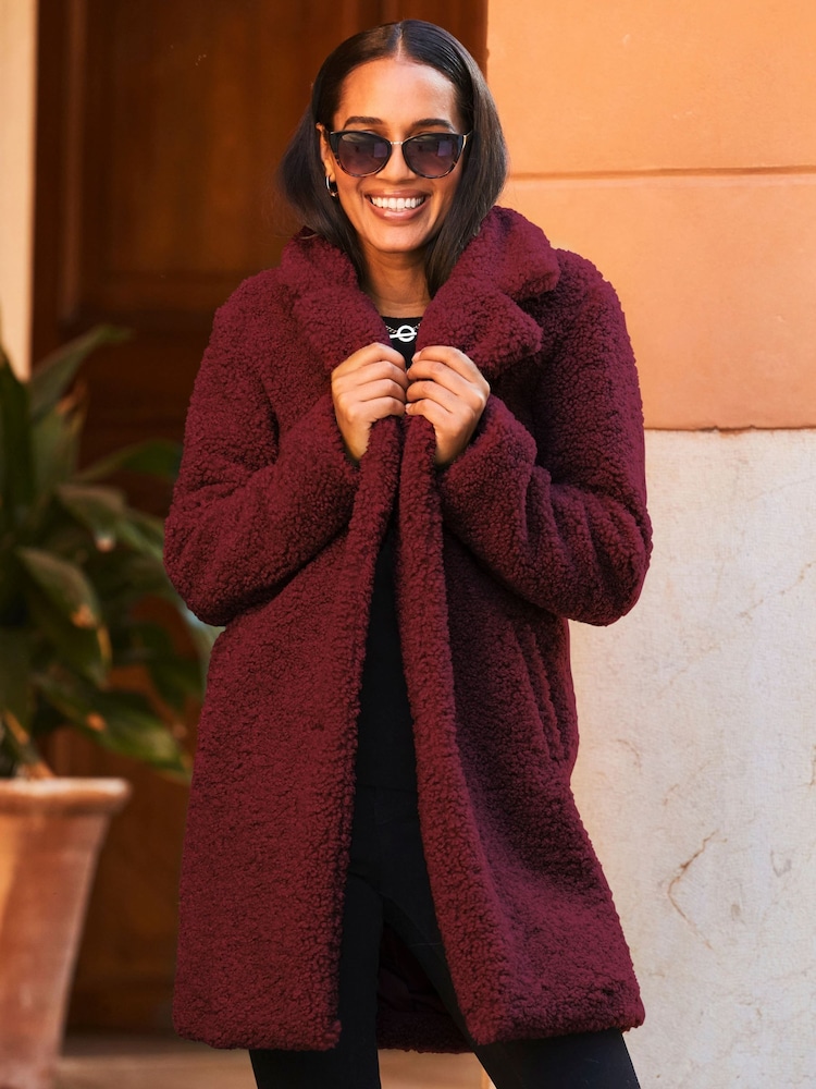 Sosandar Red Super Cosy Borg Coat - Image 2 of 5