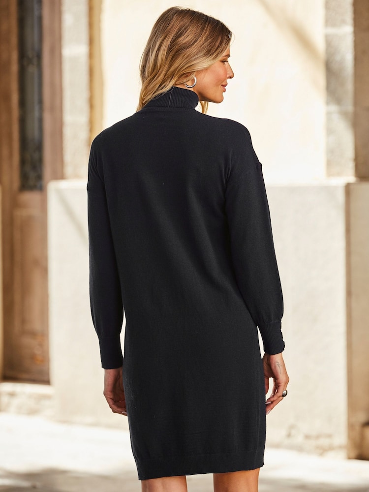 Sosandar Black Roll Neck Button Cuff Knitted Dress - Image 2 of 3