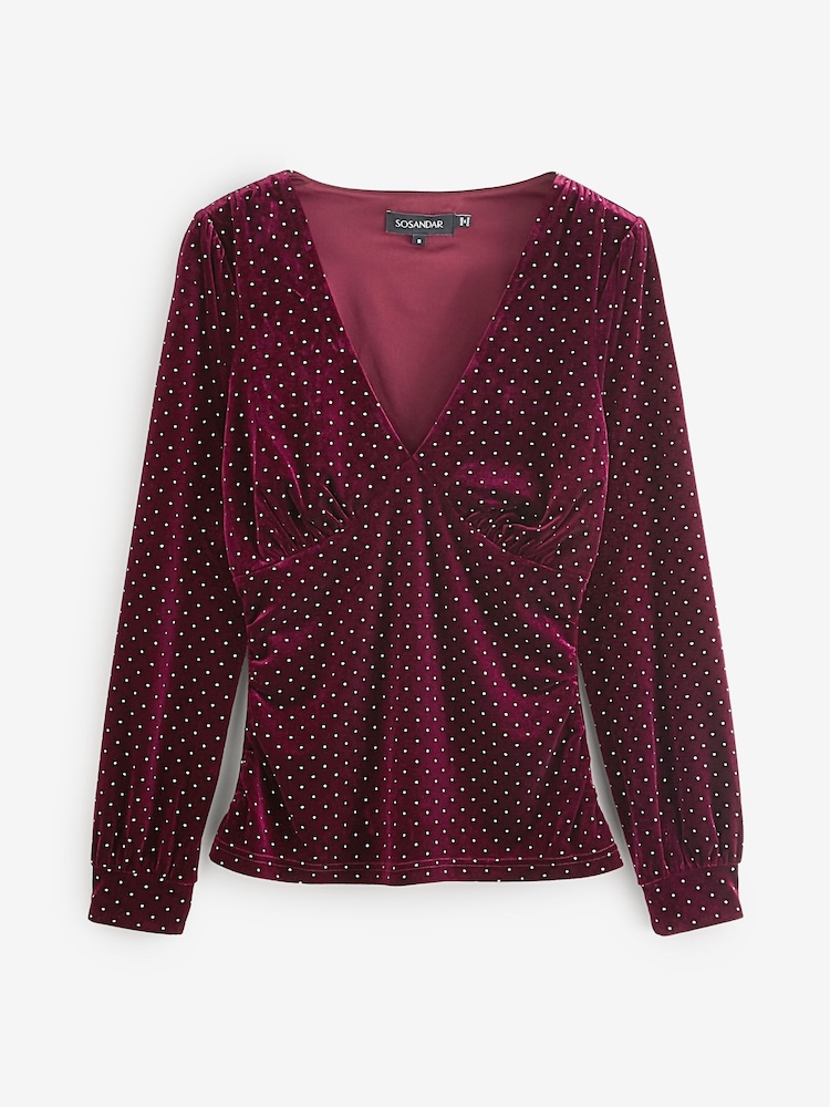 Sosandar Red Luxe Velvet Sparkle Top - Image 1 of 1 Sosandar Red Luxe Velvet Sparkle Top - Image 1 of 1