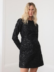 Mint Velvet Black Sequin Applique Mini Dress - Image 1 of 8