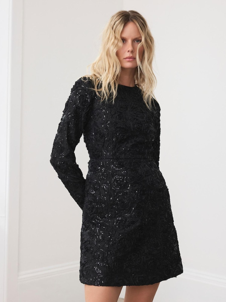 Mint Velvet Black Sequin Applique Mini Dress - Image 1 of 8
