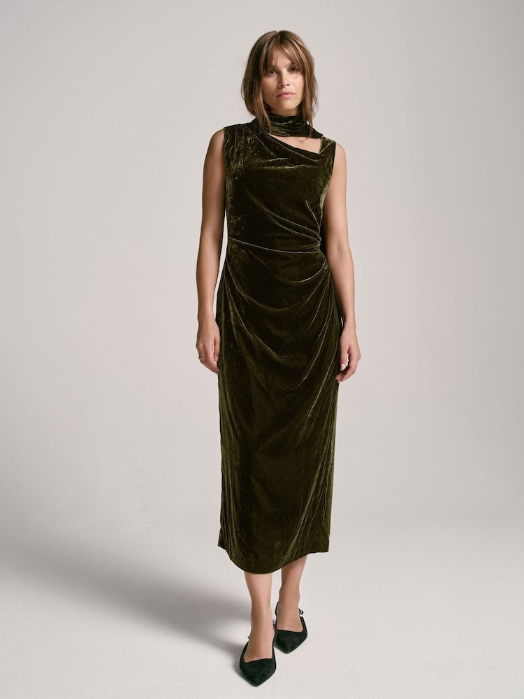 Mint Velvet Green Velvet Scarf Detail Midi Dress - Image 2 of 8