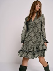 Mint Velvet Khaki Printed Long Sleeve Mini Dress - Imagen 5 de 8