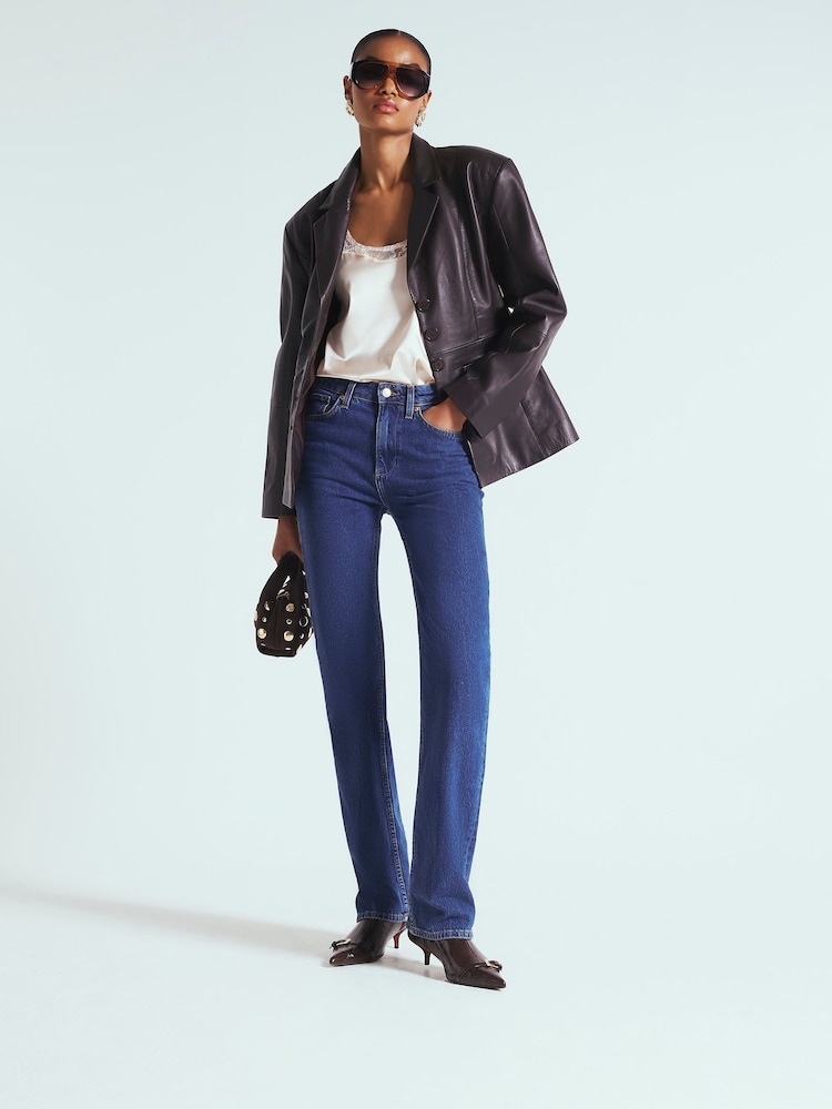 River Island Blue Denim Stretch Straight Fit Jeans - Image 1 of 5 River Island Blue Denim Stretch Straight Fit Jeans - Image 1 of 5