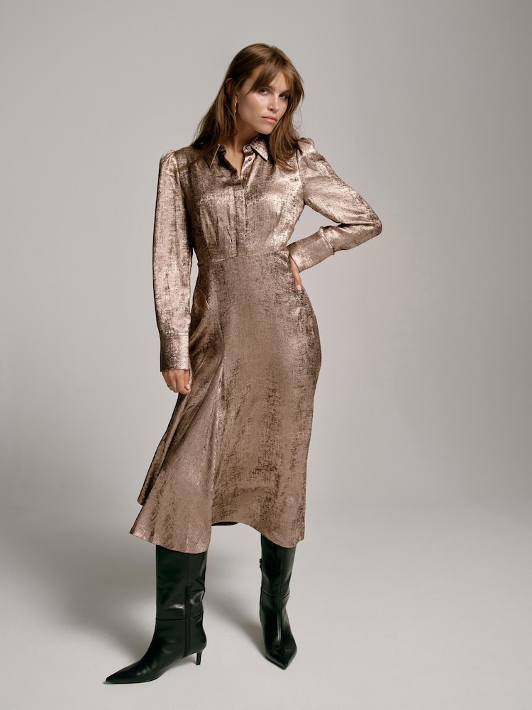 slim fit dress slacks Light Metallic Gold Long Sleeve Shirt – Just Style LA main image 0