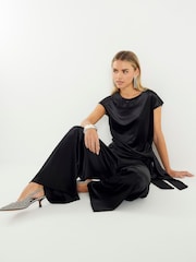 River Island Black Petite Velvet Wide Leg Joggers - Image 2 of 5