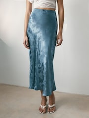 BHOEM Blue Satin Jacquard Midi Skirt - Image 1 of 3