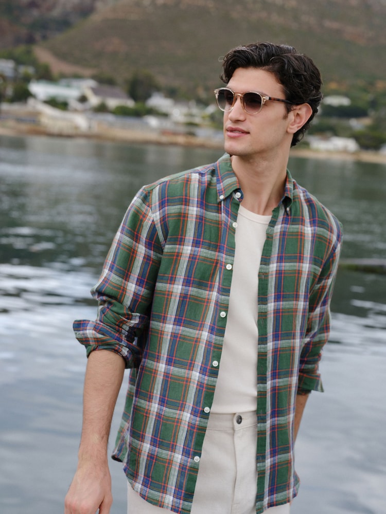 Green Madrass 100% Linen Check Long Sleeve Shirt - Image 1 of 9
