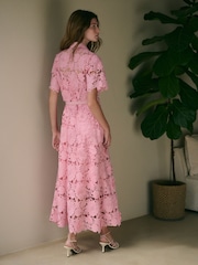 Pink Short Sleeve Midi Lace Occasion Shirt Dress - Image 3 of 5