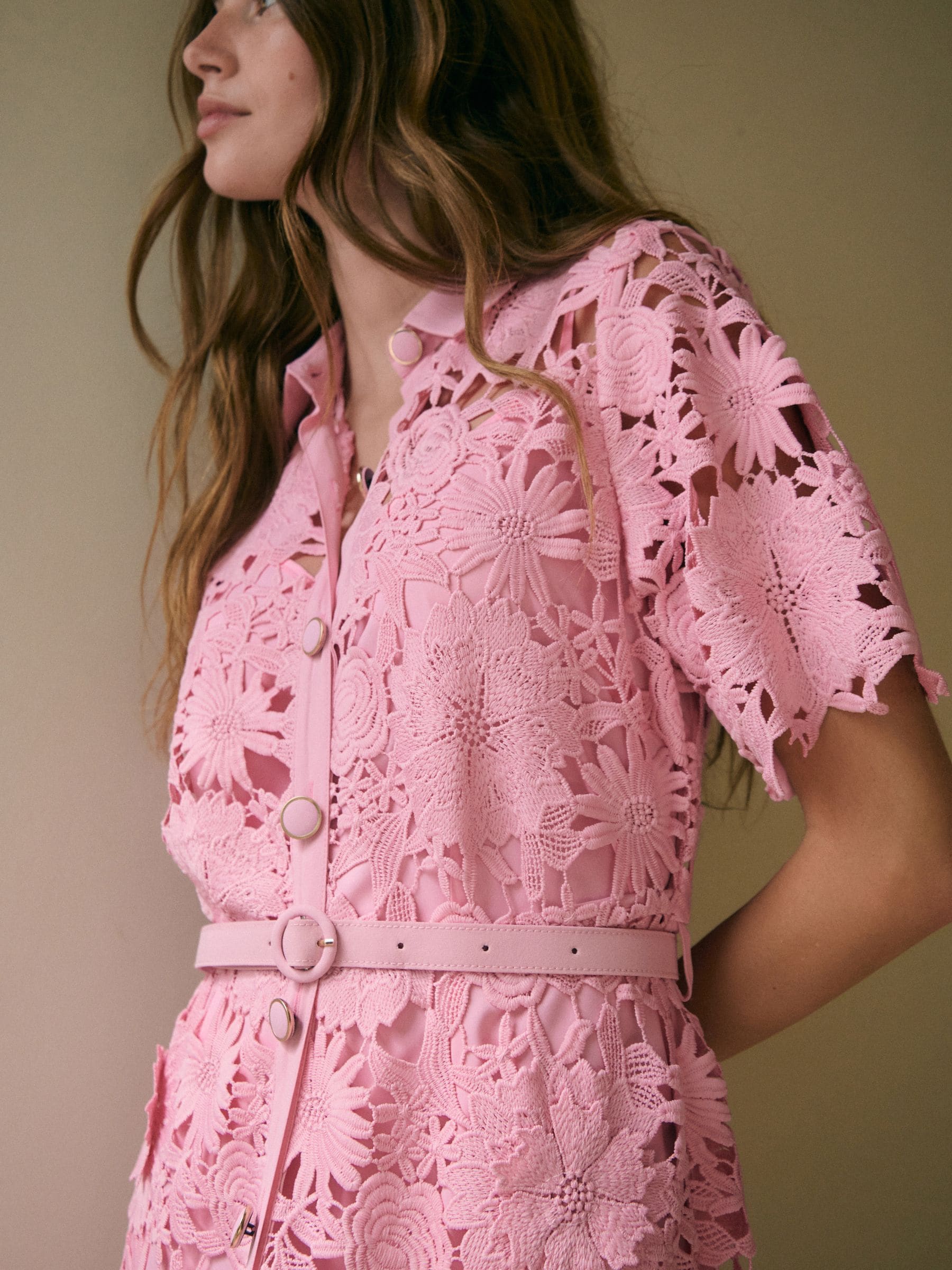 Buy Pink N. Premium Short Sleeve Midi Lace Occasion Shirt Dress