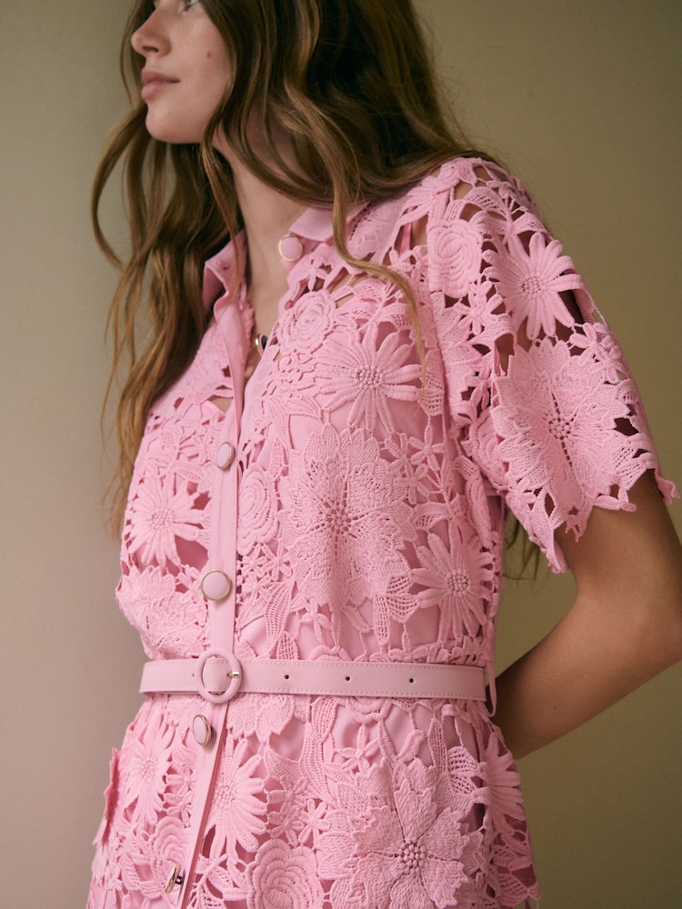 pink lace shirt dress Buy Pink N. Premium Short Sleeve Midi Lace Occasion Shirt Dress from Next  USA