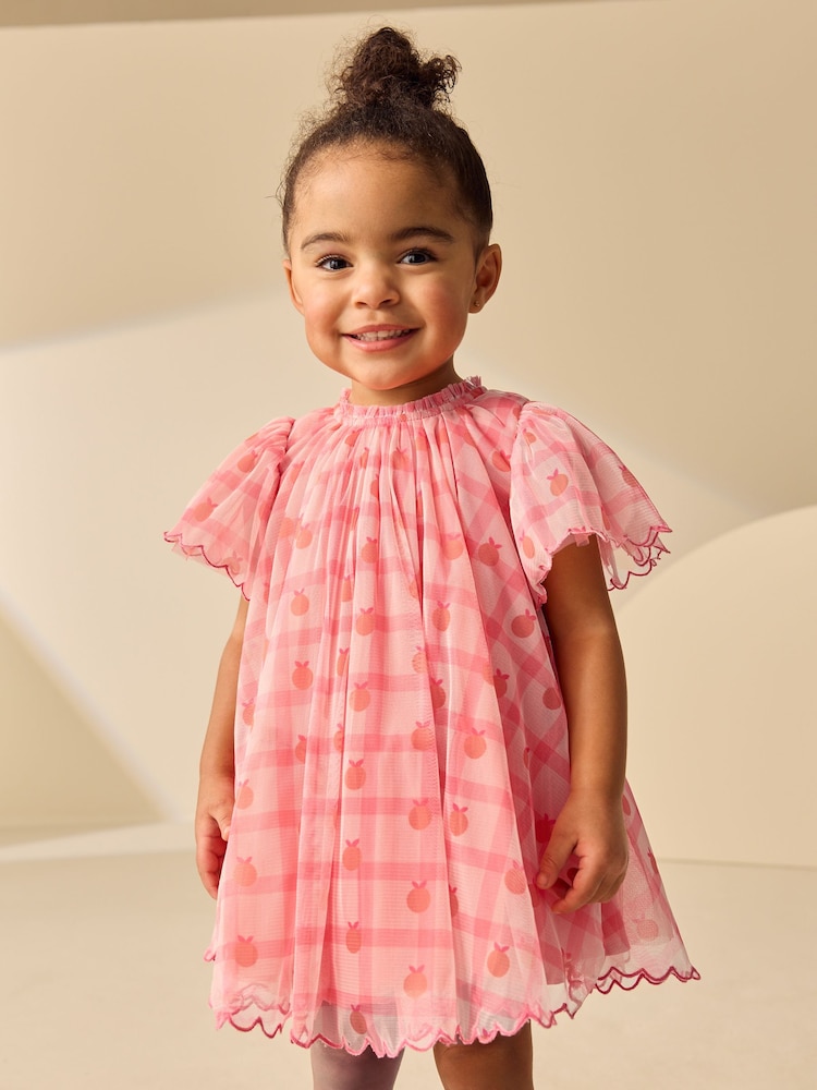 Coral Check Angel Sleeve Mesh Dress (3mths-7yrs) - Image 1 of 8 Coral Check Angel Sleeve Mesh Dress (3mths-7yrs) - Image 1 of 8