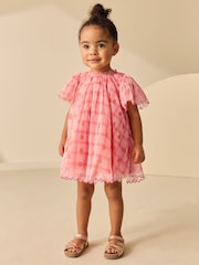 Coral Check Angel Sleeve Mesh Dress (3mths-7yrs) - Image 2 of 8