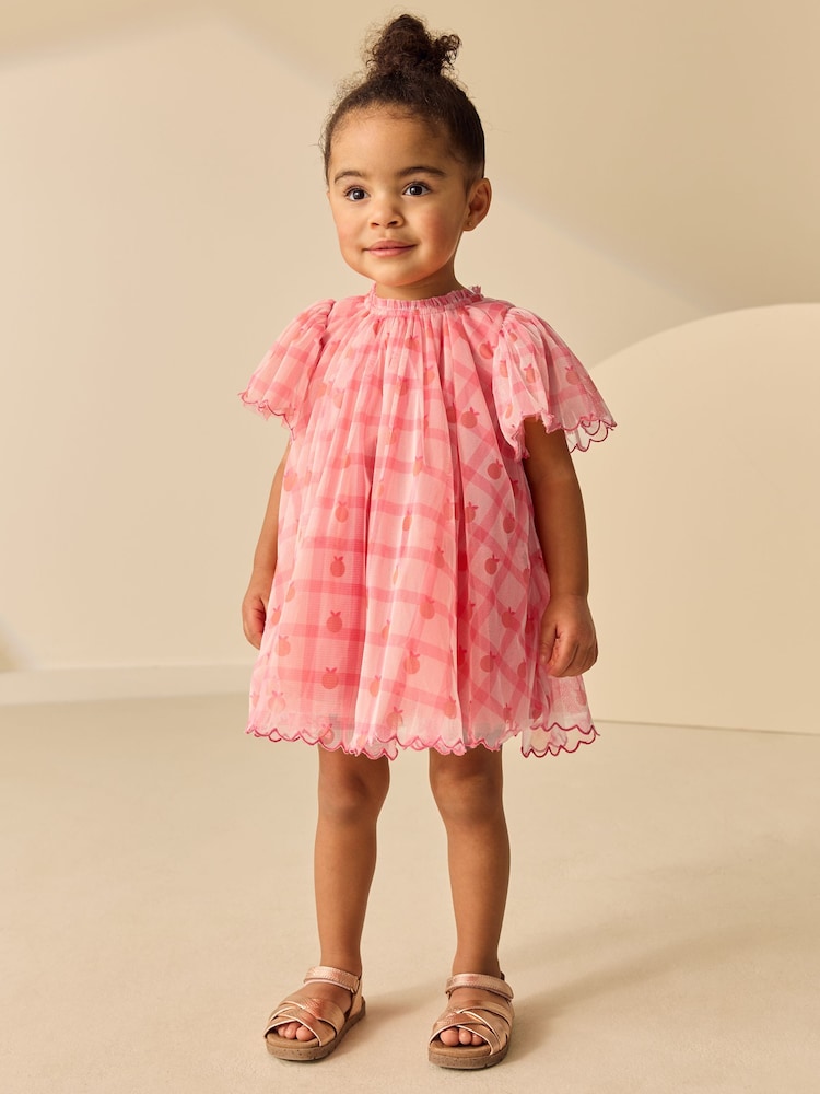 Coral Check Angel Sleeve Mesh Dress (3mths-7yrs) - Image 2 of 8 Coral Check Angel Sleeve Mesh Dress (3mths-7yrs) - Image 2 of 8
