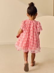 Coral Check Angel Sleeve Mesh Dress (3mths-7yrs) - Image 3 of 8