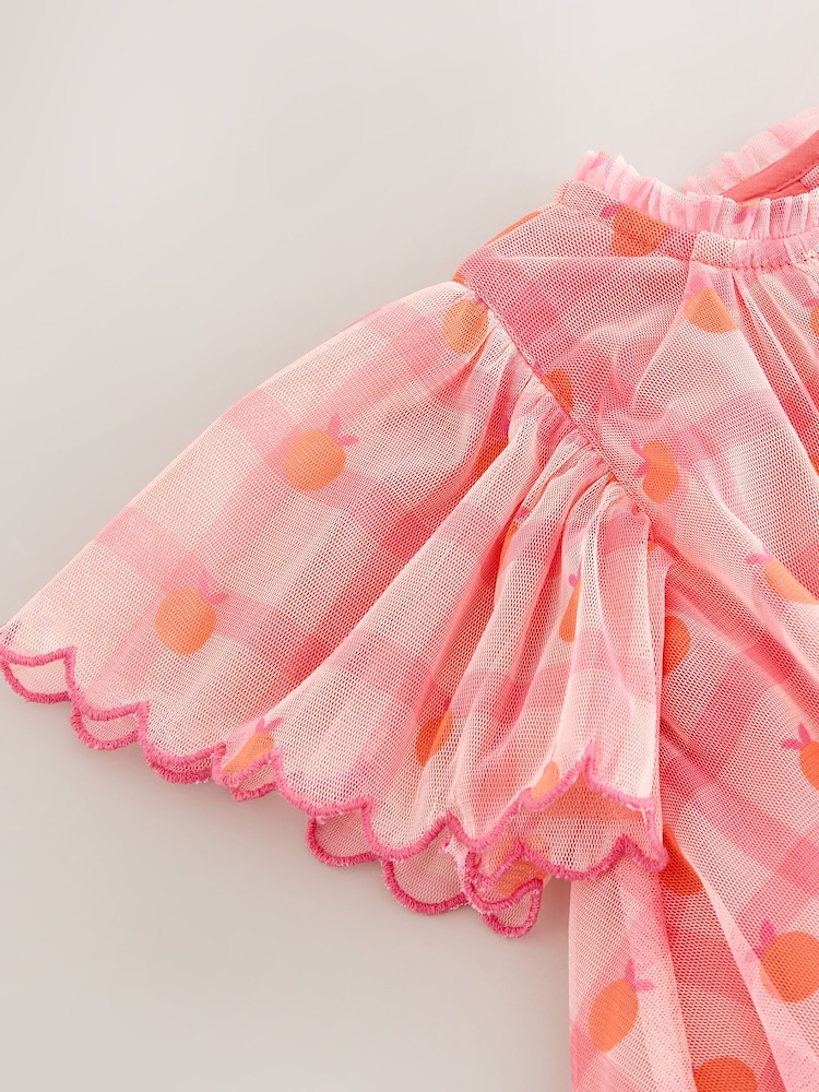 Coral Check Angel Sleeve Mesh Dress (3mths-7yrs) - Image 8 of 8 Coral Check Angel Sleeve Mesh Dress (3mths-7yrs) - Image 8 of 8
