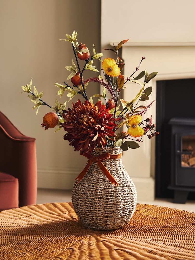 Orange Autumn Artificial Floral Arrangement in Woven Vase - Image 1 of 4