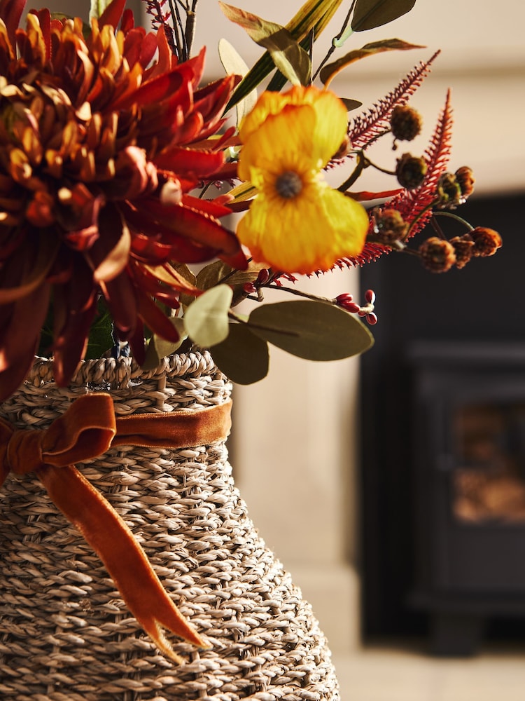 Orange Autumn Artificial Floral Arrangement in Woven Vase - Image 2 of 4