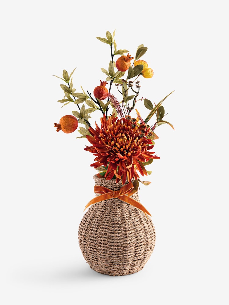 Orange Autumn Artificial Floral Arrangement in Woven Vase - Image 4 of 4