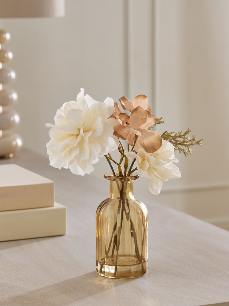 White/Gold Artificial Floral Arrangement In Glass Vase - Image 1 of 3 White/Gold Artificial Floral Arrangement In Glass Vase - Image 1 of 3