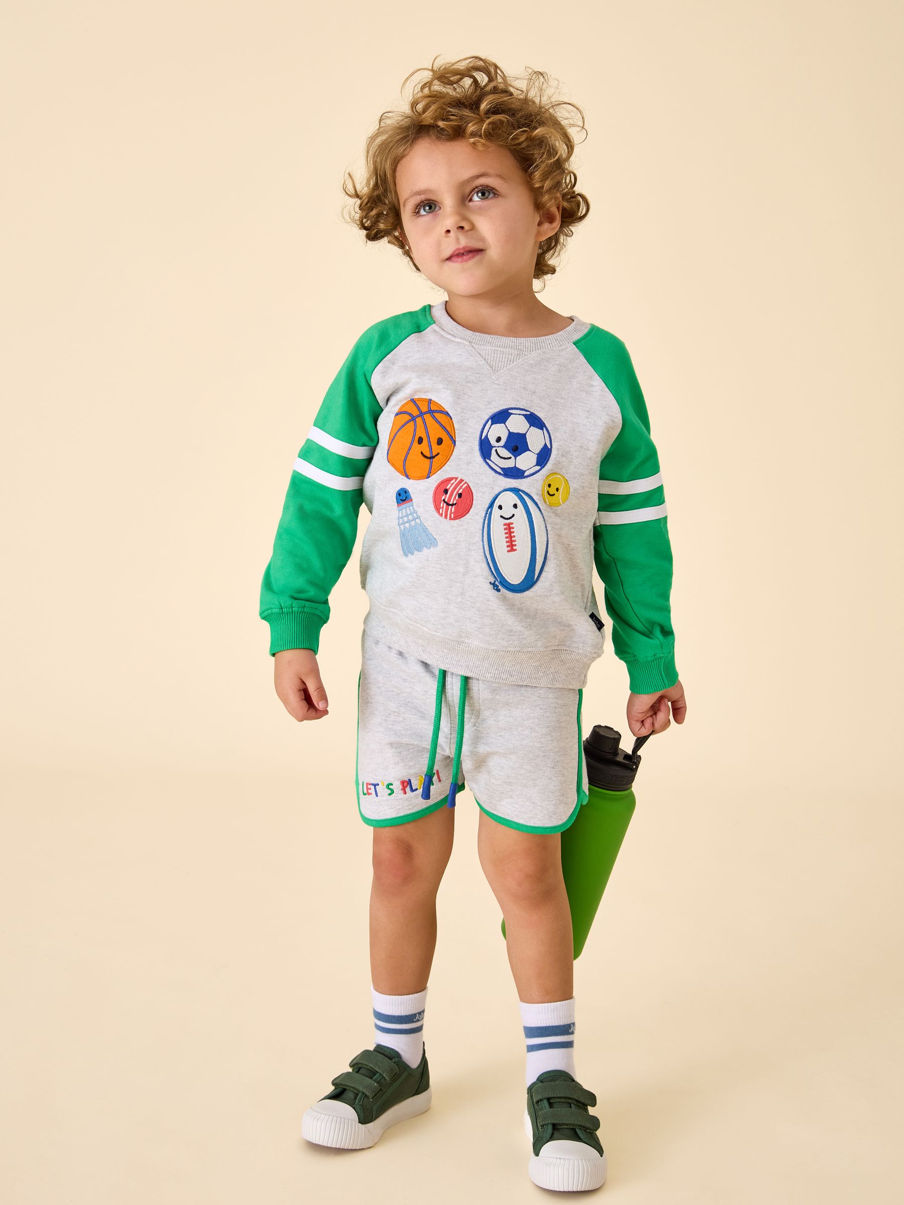 JoJo Maman Bébé Grey Marl 2-Piece Sport Appliqué Sweatshirt & Shorts Set