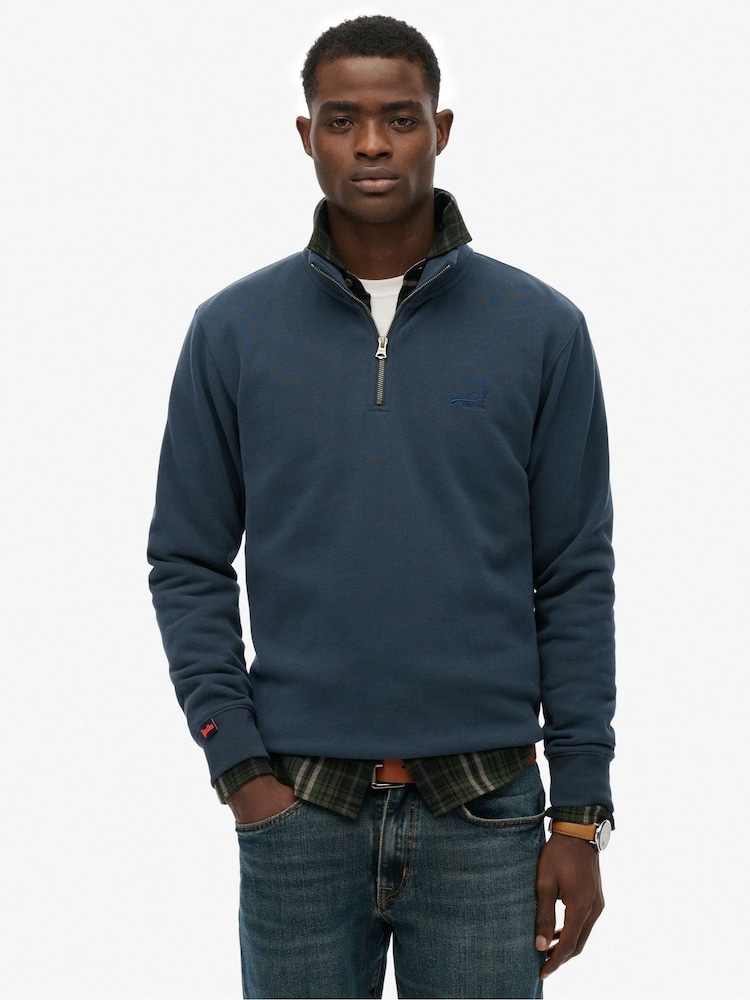 Superdry Blue Essential Logo Half Zip Sweatshirt - Image 1 of 6 Superdry Blue Essential Logo Half Zip Sweatshirt - Image 1 of 6
