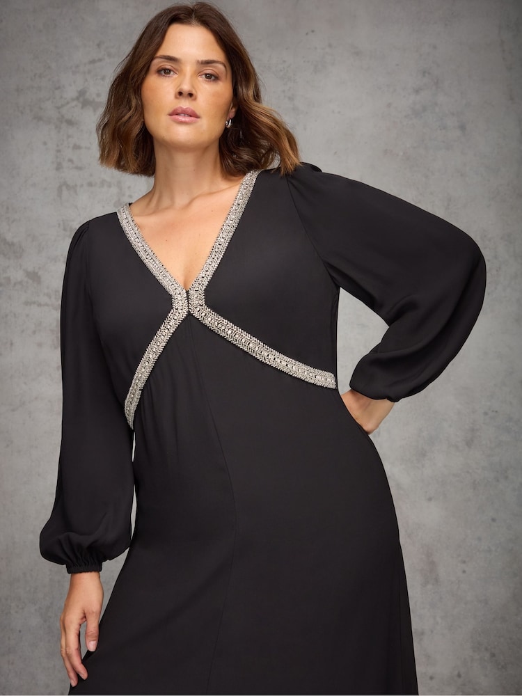 Live Unlimited Black Embellished Trim Midaxi Dress - Image 2 of 6 Live Unlimited Black Embellished Trim Midaxi Dress - Image 2 of 6
