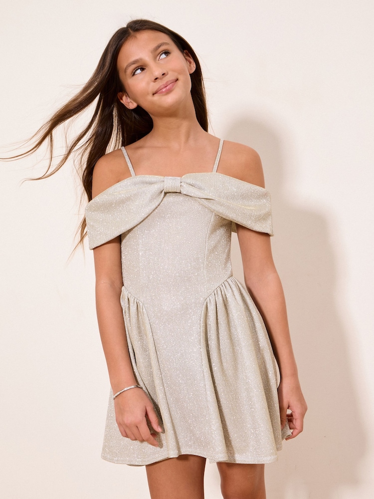 Lipsy Silver Teen Bow Bardot Dress (5-16yrs) - Image 1 of 4
