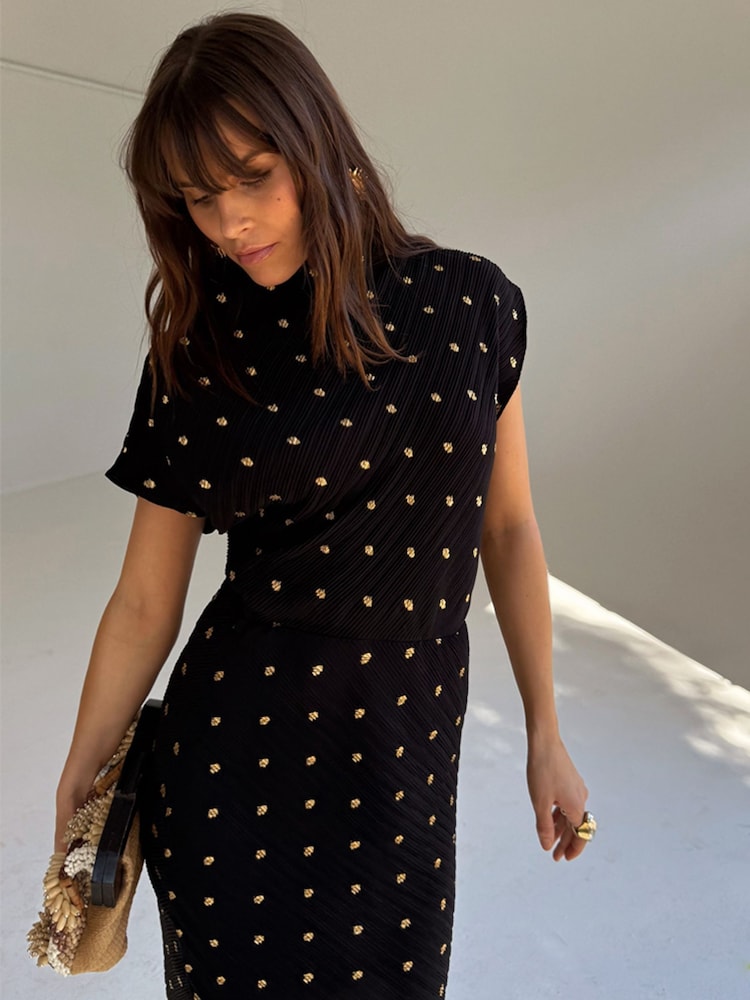 black plisse high neck midi dress Buy Never Fully Dressed Black Short Sleeve High Neck Plisse Desiree  Asymetric Midi Dress from Next USA