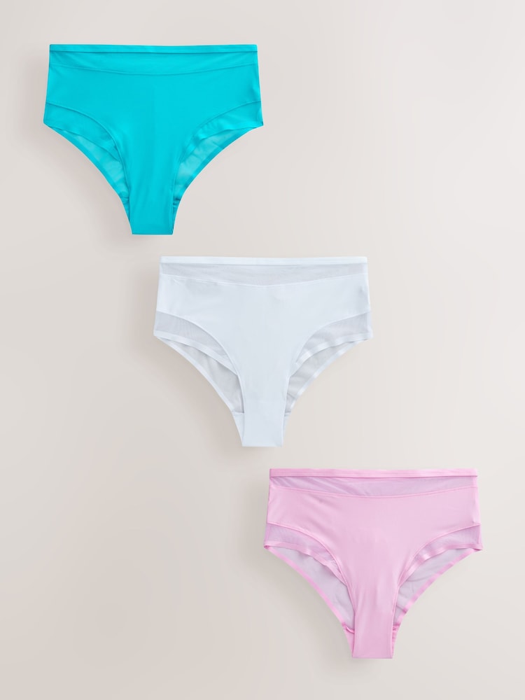 Aqua/Pink/White Mesh Trim High Waist High Leg Knickers 3 Pack - Image 1 of 6