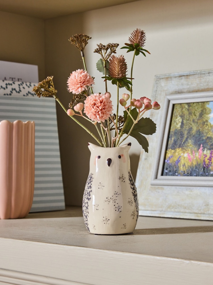 Pink Artificial Foliage Arrangement In Ceramic Owl Vase - Image 1 of 3 Pink Artificial Foliage Arrangement In Ceramic Owl Vase - Image 1 of 3