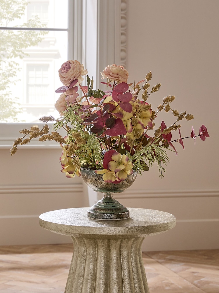 Purple Artificial Foliage Arrangement In Footed Metal Bowl - Image 1 of 5