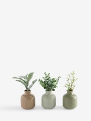 Set of 3 Green/Pink Artificial Florals In Ceramic Vases - Image 1 of 1