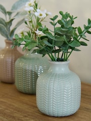 Set of 3 Green/Pink Artificial Florals In Ceramic Vases - Image 2 of 3