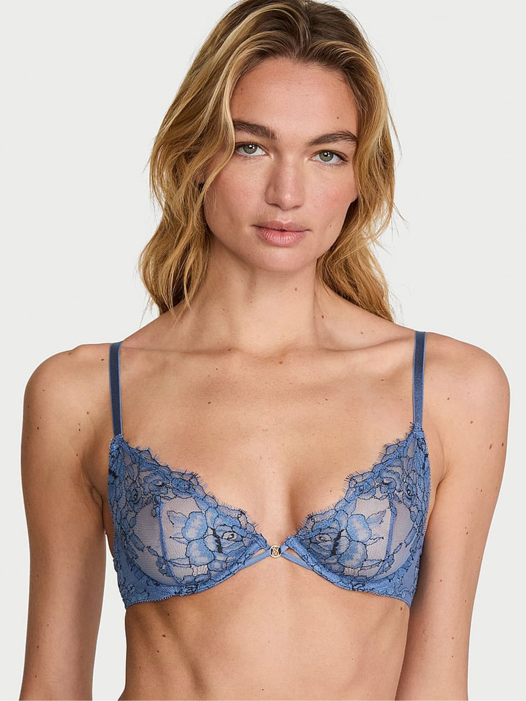 Victoria's Secret Denim Blue Rose Unlined Demi Lace Bra
