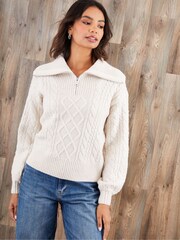 Threadbare Cream Cable Knit Quarter Zip Jumper - Image 1 of 4