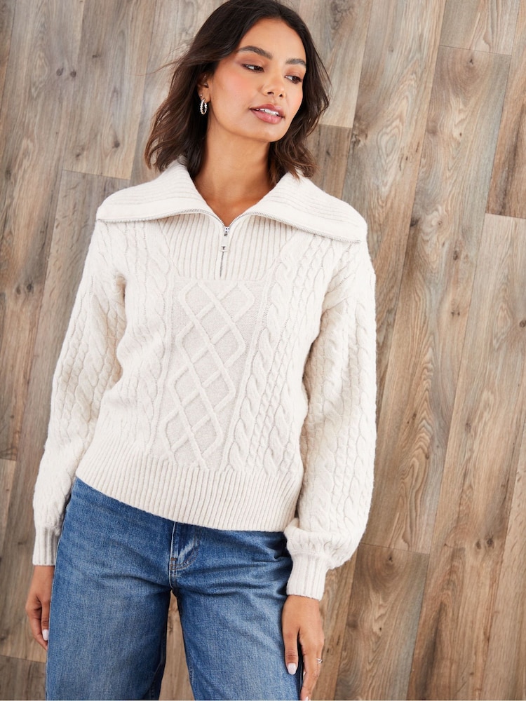 Threadbare Cream Cable Knit Quarter Zip Jumper - Image 1 of 4 Threadbare Cream Cable Knit Quarter Zip Jumper - Image 1 of 4