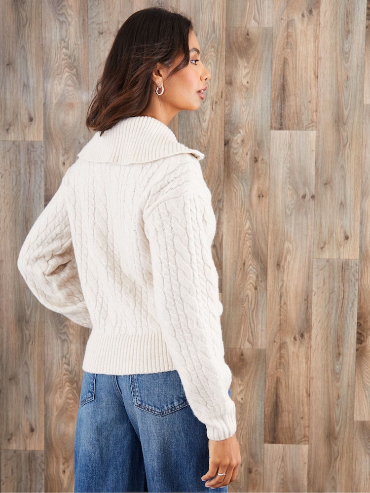 Threadbare Cream Cable Knit Quarter Zip Jumper - Image 2 of 4 Threadbare Cream Cable Knit Quarter Zip Jumper - Image 2 of 4