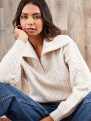 Threadbare Cream Cable Knit Quarter Zip Jumper - Image 3 of 4