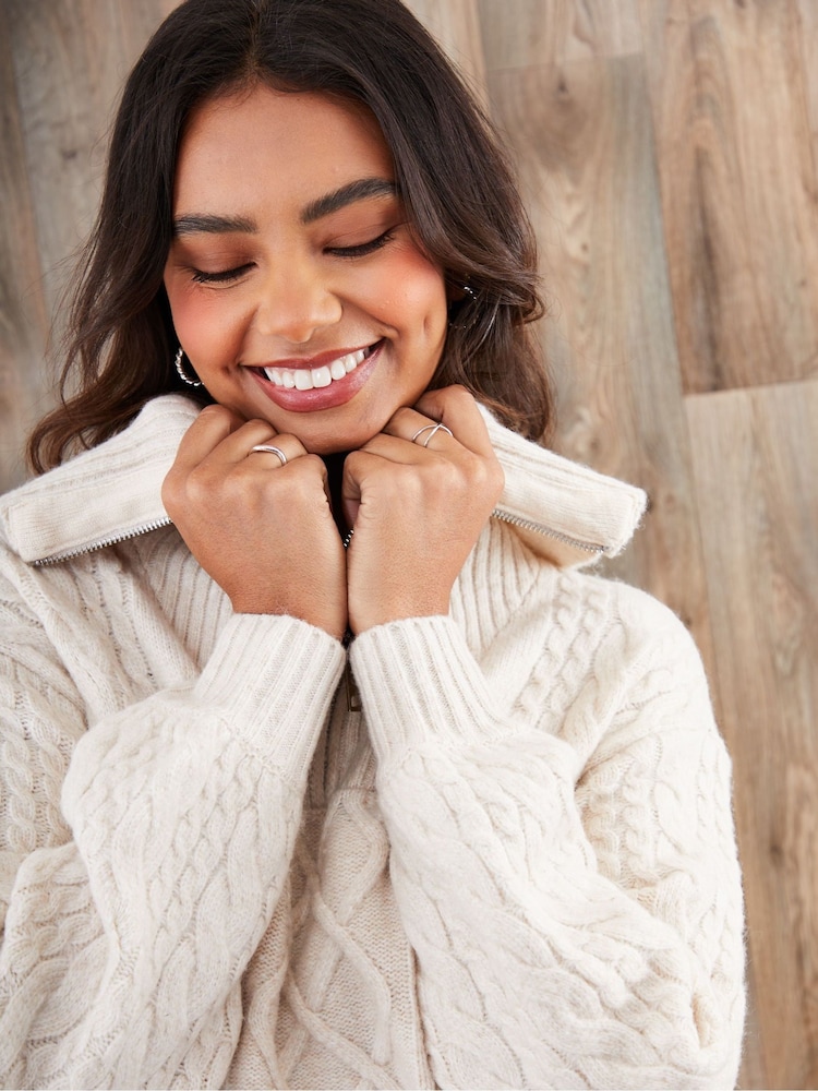 Threadbare Cream Cable Knit Quarter Zip Jumper - Image 4 of 4