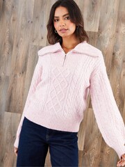 Threadbare Pink Cable Knit Quarter Zip Jumper - Image 1 of 5