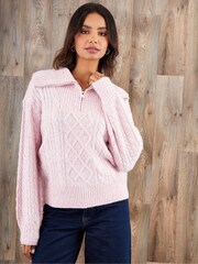 Threadbare Pink Cable Knit Quarter Zip Jumper - Image 4 of 5