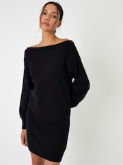 Threadbare Black Slash Neck Knitted Mini Dress - Image 1 of 5