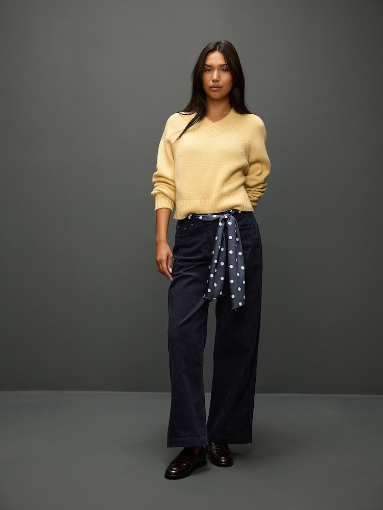 Navy/Ecru Cord Wide Leg Trousers With Scarf Belt - Image 1 of 6 Navy/Ecru Cord Wide Leg Trousers With Scarf Belt - Image 1 of 6