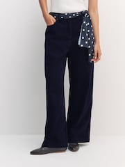 Navy/Ecru Cord Wide Leg Trousers With Scarf Belt - Image 3 of 9