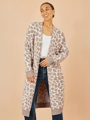 Yumi Cream Animal Print Intarsia Long Cardigan - Image 1 of 4