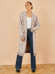 Yumi Cream Animal Print Intarsia Long Cardigan - Image 2 of 4